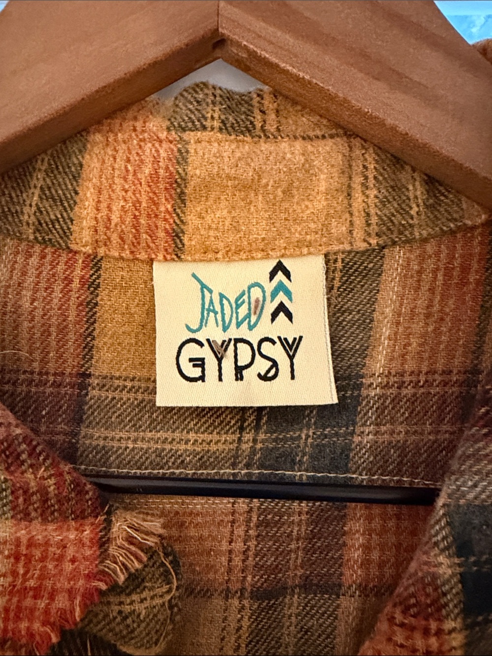Jaded Gypsy Crisp Morning Air Flannel shirt yellow plaid raw fringe hem S/M - Picture 6 of 6